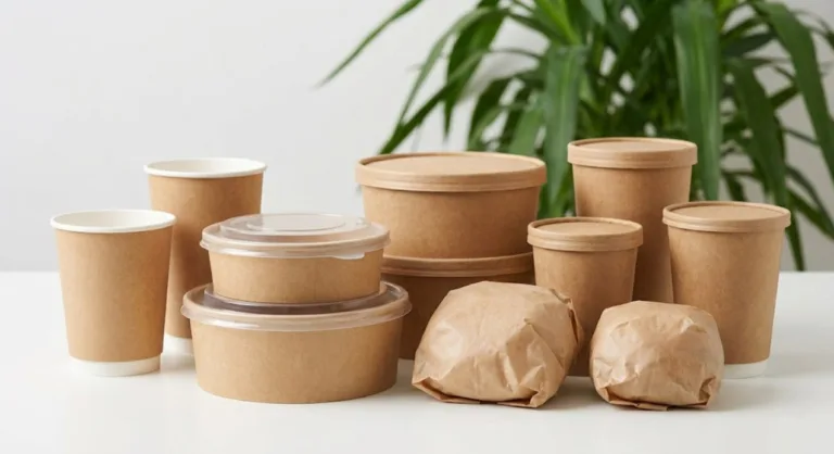A professional studio photograph of a curated set of sustainable paper-based food packaging products: paper coffee cups, salad bowls with lids, and burger wrappers, all made from PHA-coated kraft paper.