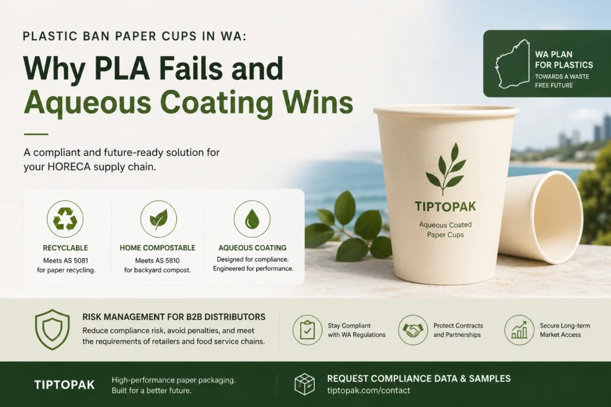 Compliant plastic ban paper cups with aqueous coating for the WA market