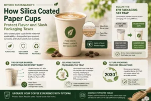 Illustration showing the dual benefits of Tiptopak silica coated paper cups: protecting specialty coffee flavor profiles and avoiding EPR packaging taxes for businesses.