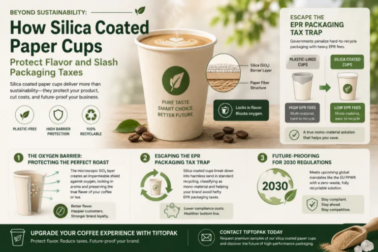 Illustration showing the dual benefits of Tiptopak silica coated paper cups: protecting specialty coffee flavor profiles and avoiding EPR packaging taxes for businesses.